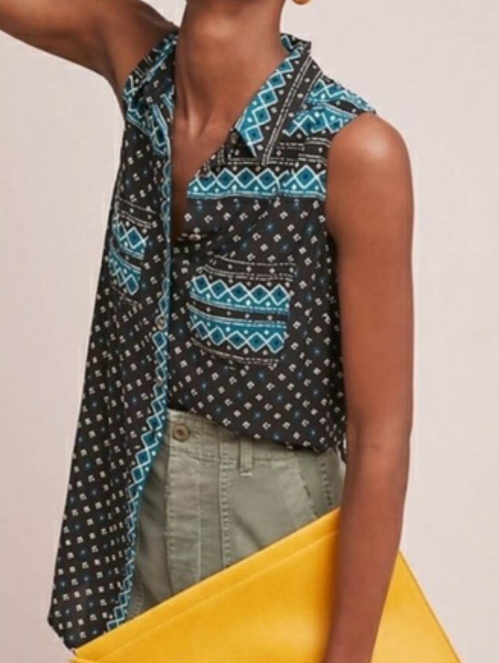 Anthropologie AKEMI & KIN Black & Teal Patterned Sleeveless Blouse | MEDIUM
